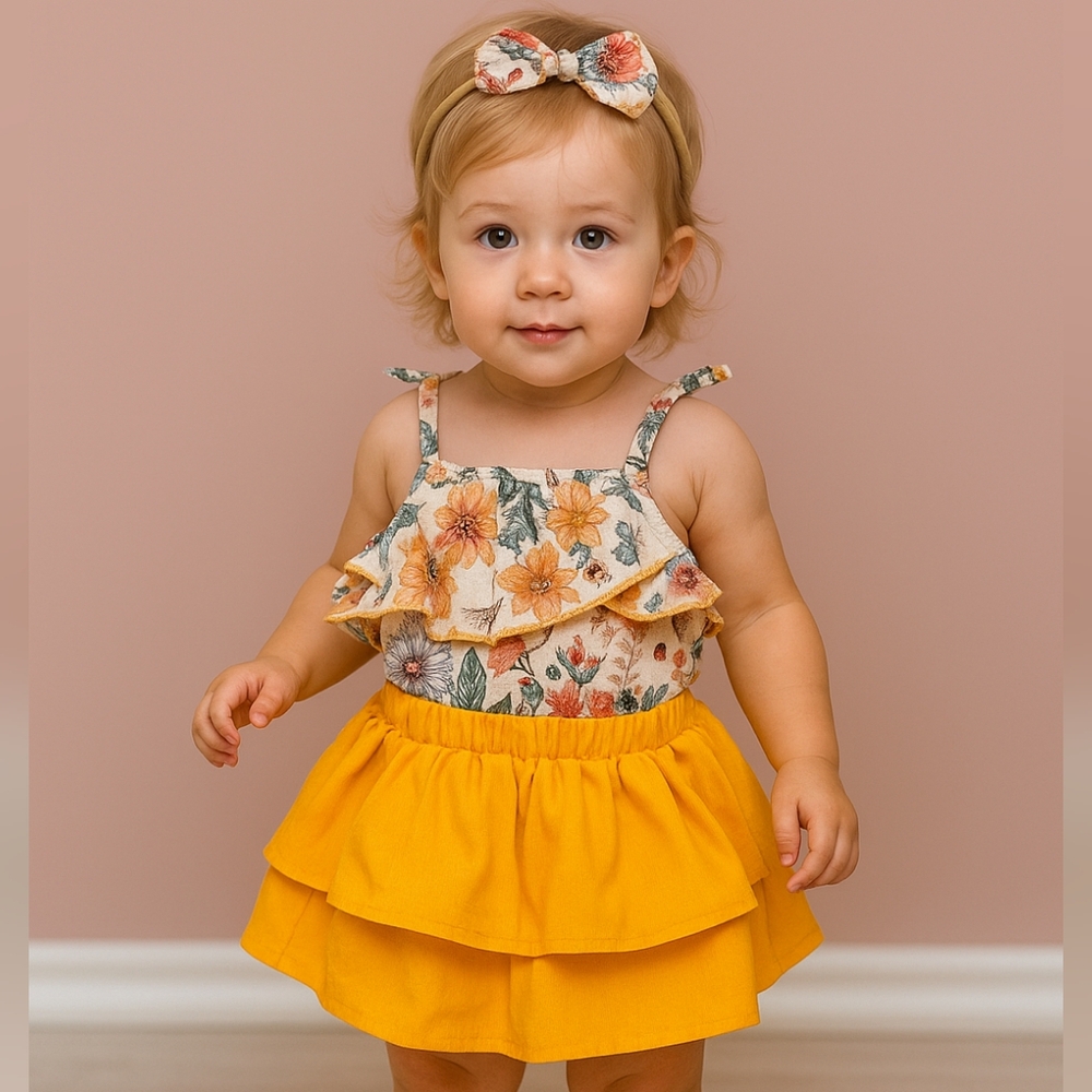 Girls Boho Floral Ruffle Outfit Set Mustard Tiered Skirt & Matching Bow Headband